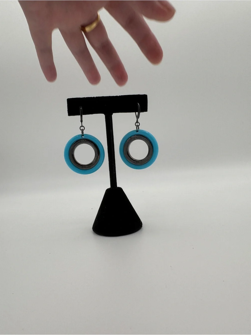 Vintage KJL Turquoise Hoop Earrings, Gunmetal Rhinestone Statement Jewelry - Picture 4 of 7